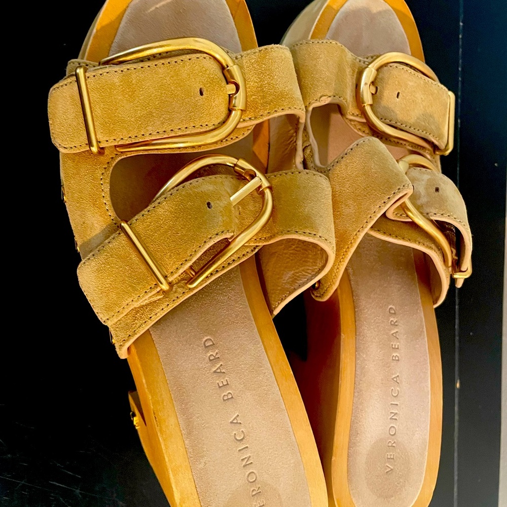 Veronica Beard Gold Buckle Tan Sandals
